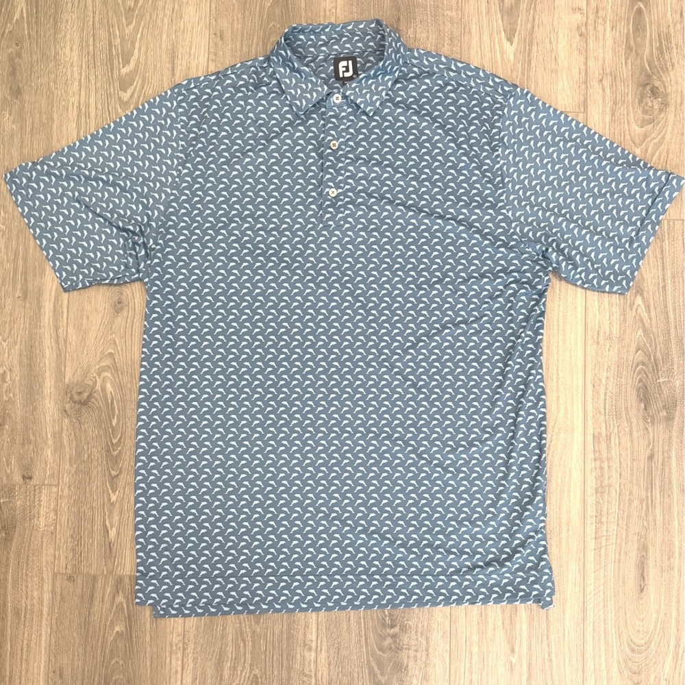 FootJoy Golf Polo Shirt XL Blue Dolphin Print Performance Short Sleeve Athletic